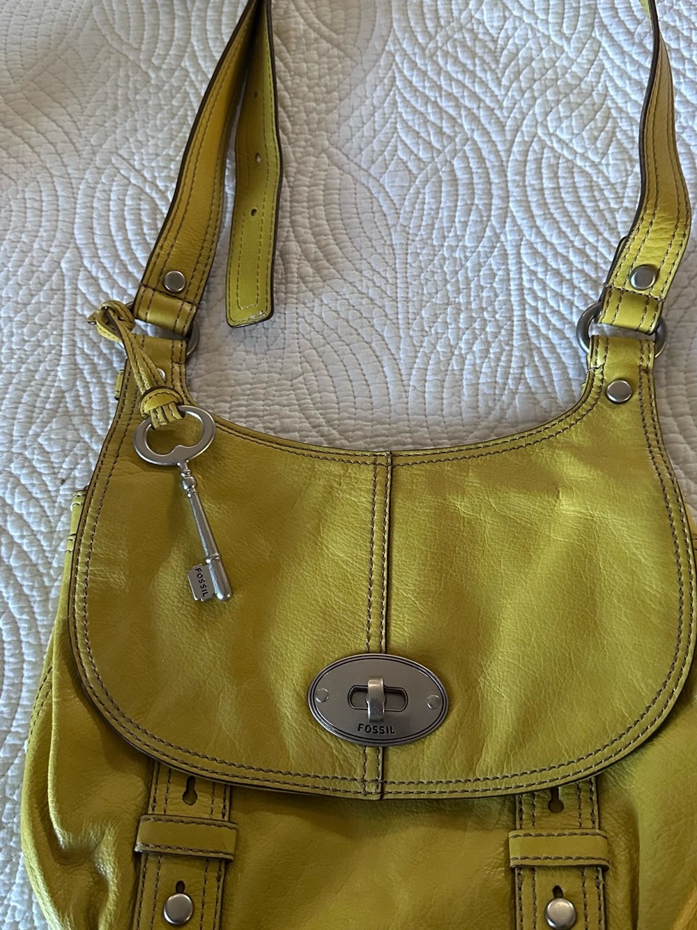 Fossil Yellow Leather Shoulder Bag with Key Charm
